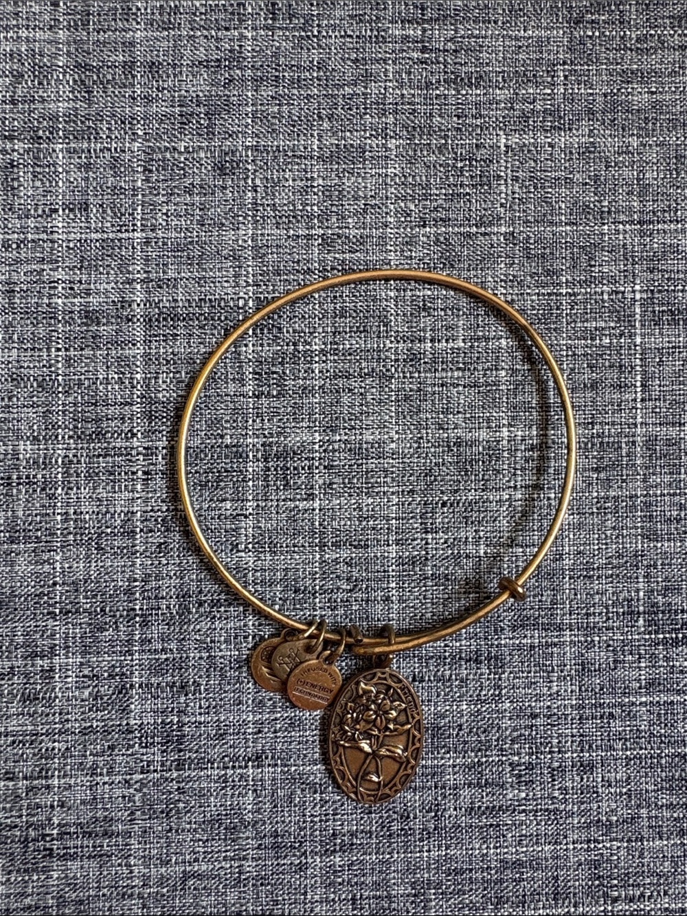Alex and Ani Gold Floral Oval Charm Bangle Bracelet with Dangle Tags